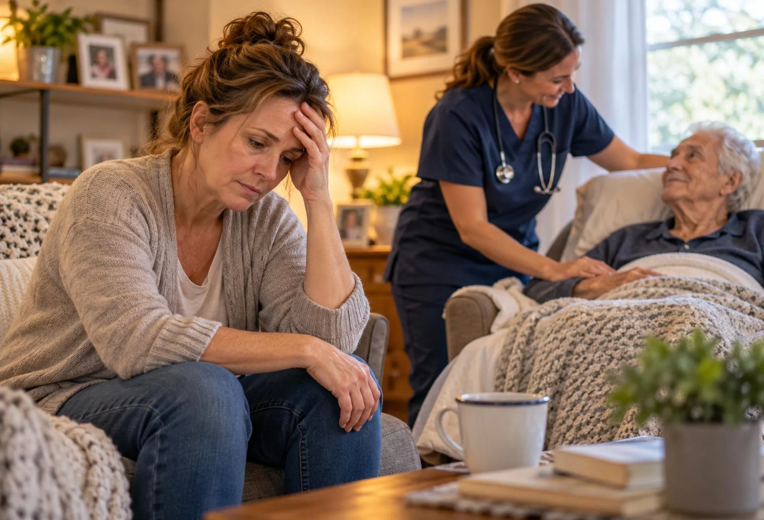 Exhausted family caregiver resting her head in her hand while a home healthcare professional provides compassionate care to an elderly loved one.