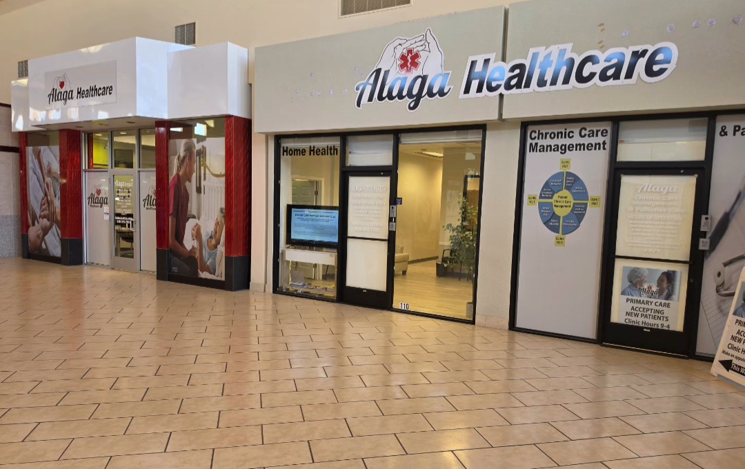 Alaga Healthcare office storefront with Home Health and Chronic Care Management signs
